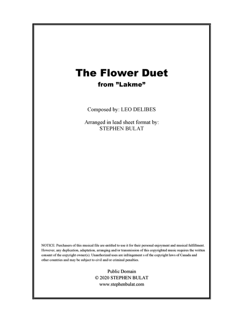 The Flower Duet (from "Lakme") - lead sheet for treble clef duo (key of B) (Arr. Stephen Bulat) - Leo Delibes (Piano-Vocal-Guitar)