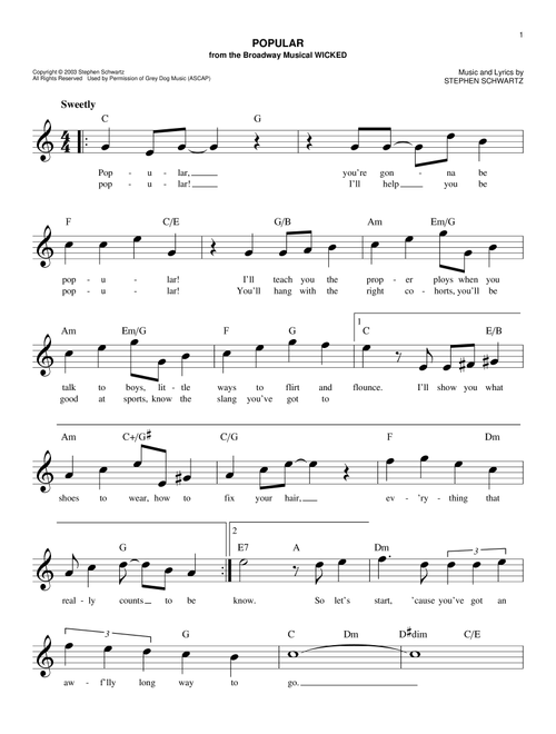 Popular (from Wicked) - Stephen Schwartz (Easy Lead Sheet - Fake Book)