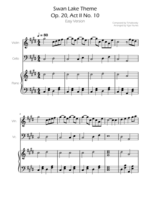Swan Lake (theme) - Tchaikovsky - Cello and Violin Duet w/ Piano Accompaniment (Arr. Ygor Nunes) (Instrumental Duet and Piano)