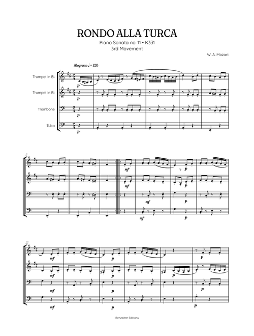 Rondo Alla Turca (Turkish March) | Brass Quartet Sheet Music (Arr. Benzaiten Editions) - Wolfgang Amadeus Mozart (Brass Ensemble)