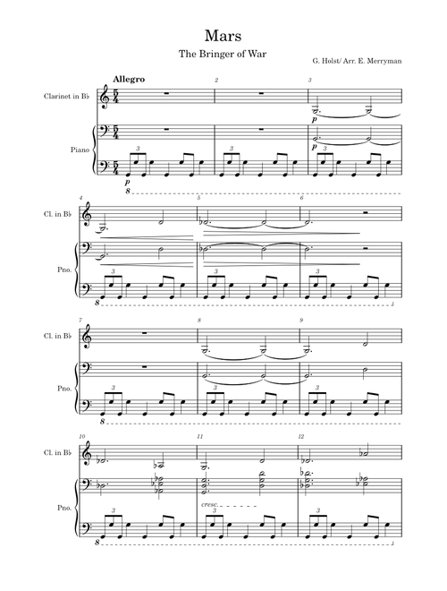 Mars, the Bringer of War – Gustav Holst Solo Clarinet and Piano