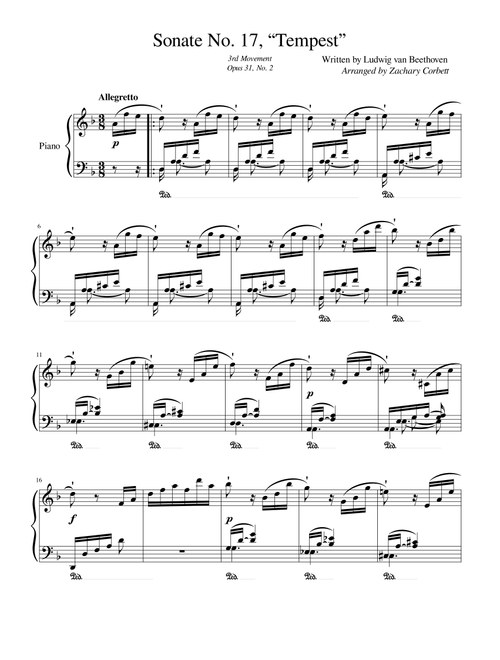 Sonate No. 17 Tempest 3rd Movement (Arr. Zachary Corbett) - Ludwig van Beethoven (Piano Solo)