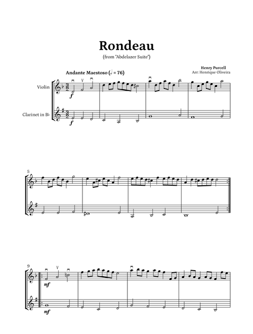 Rondeau from "Abdelazer Suite" by Henry Purcell - For Violin and Clarinet (Arr. Henrique Oliveira) (Instrumental Duet)