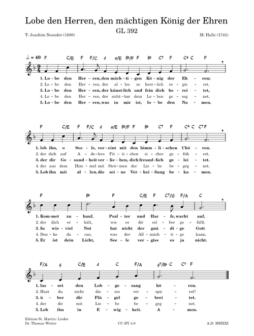 Lobe den Herren, den mächtigen König der Ehren – T: Joachim Neander (1680); M: from Halle (1741)