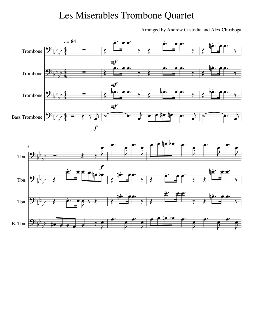 Les Miserables Trombone Quartet Sheet Music for Trombone, Trombone bass ...