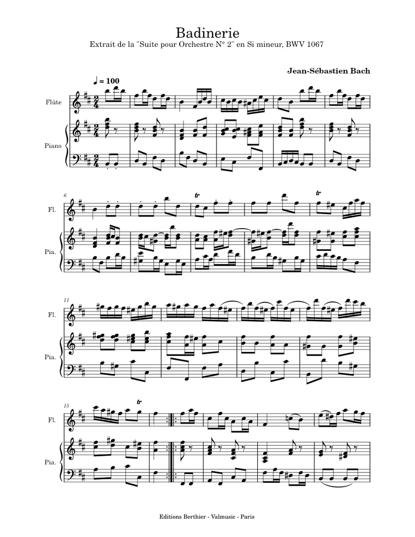 Badinerie Johann Sebastian Bach Sheet music for Piano, Flute (Solo
