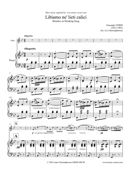 Verdi: Libiamo ne lieti calici - Brindisi from La Traviata - Oboe and Piano (Arr. Anne L Christopherson GRSM ARCM) - Verdi Giuseppe (Oboe and Piano)
