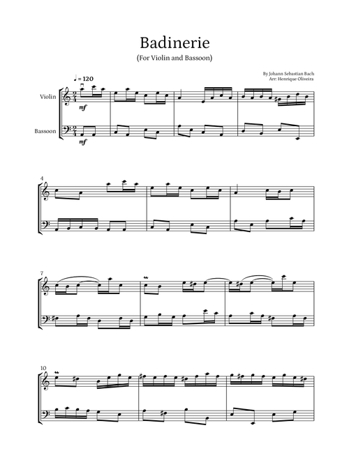 Badinerie by J. S. Bach (For Violin and Bassoon) (Arr. Henrique Oliveira) - Johann Sebastian Bach (Instrumental Duet)