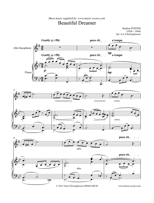 Beautiful Dreamer - Alto Saxophone and Piano (Arr. Anne L Christopherson GRSM ARCM) - Foster, Stephen (Alto Sax and Piano)