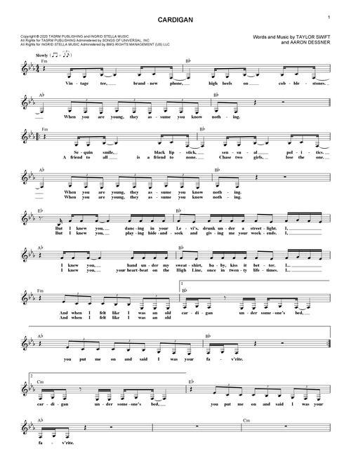 cardigan - Taylor Swift (Lead Sheet - Fake Book)