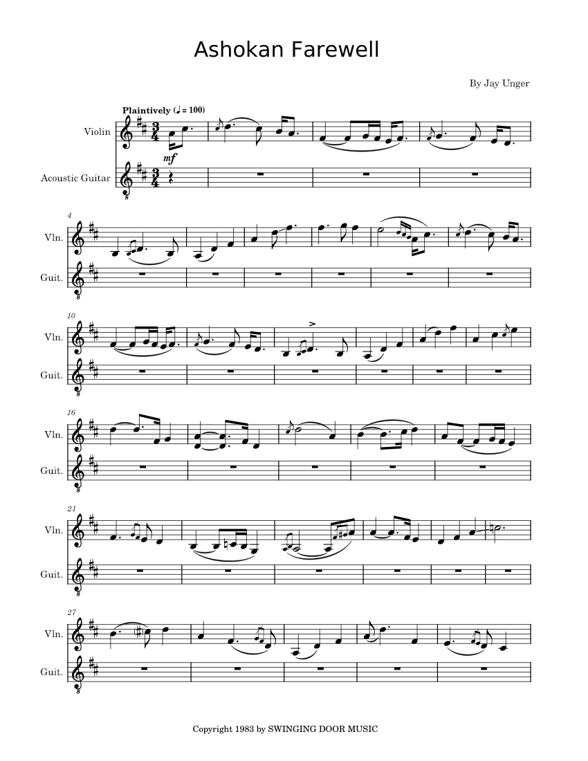 Ashokan farewell Jay Ungar Sheet music for Violin, Guitar (Mixed Duet