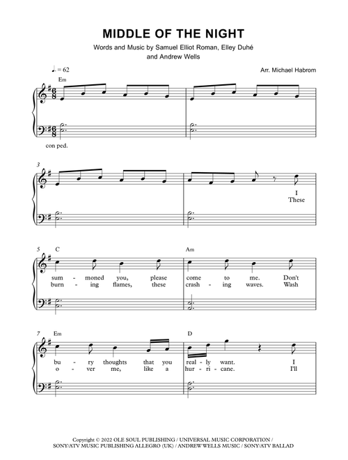 Middle Of The Night (Arr. Michael Habrom) - Elley Duhe (Easy Piano)