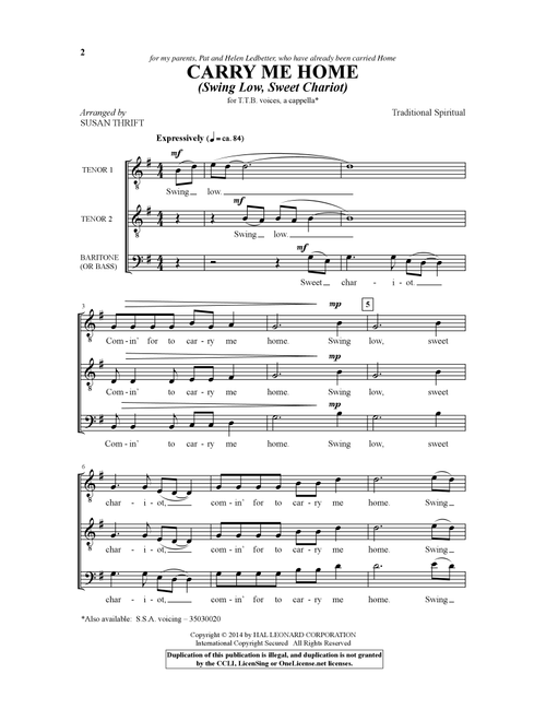 Carry Me Home (Swing Low, Sweet Chariot) (Arr. Susan Thrift) (Choral, TTB)