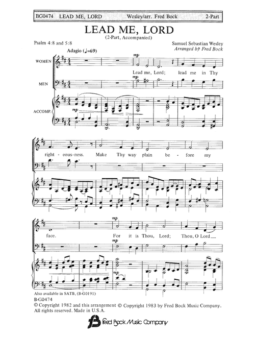 Lead Me, Lord (arr. Fred Bock) - Samuel Sebastian Wesley (Choral, 2-Part)