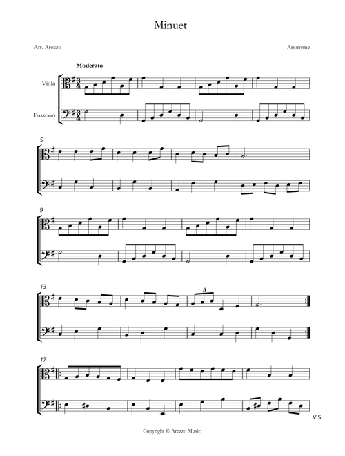 bach bwv anh. 116 minuet in g major Viola and Bassoon sheet music (Arr. Arezzo Music) - Johann Sebastian Bach (Instrumental Duet and Piano)