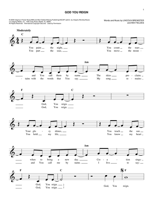 God You Reign - Lincoln Brewster (Easy Lead Sheet - Fake Book)