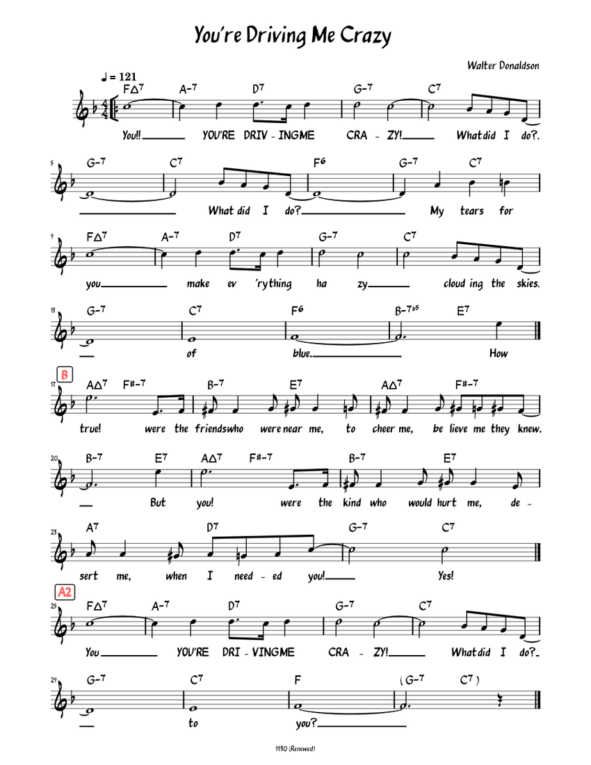 You're Driving Me Crazy (Lead sheet with lyrics ) Sheet Music with