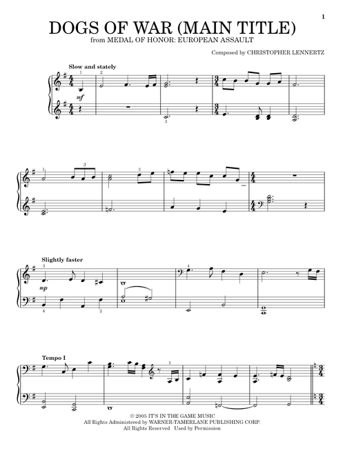 Dogs Of War (Main Title) (from Medal of Honor: European Assault) - Christopher Lennertz (Easy Piano Solo)