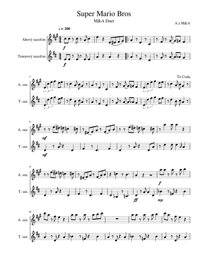 Super Mario Bros Sheet Music for Saxophone alto, Saxophone tenor ...