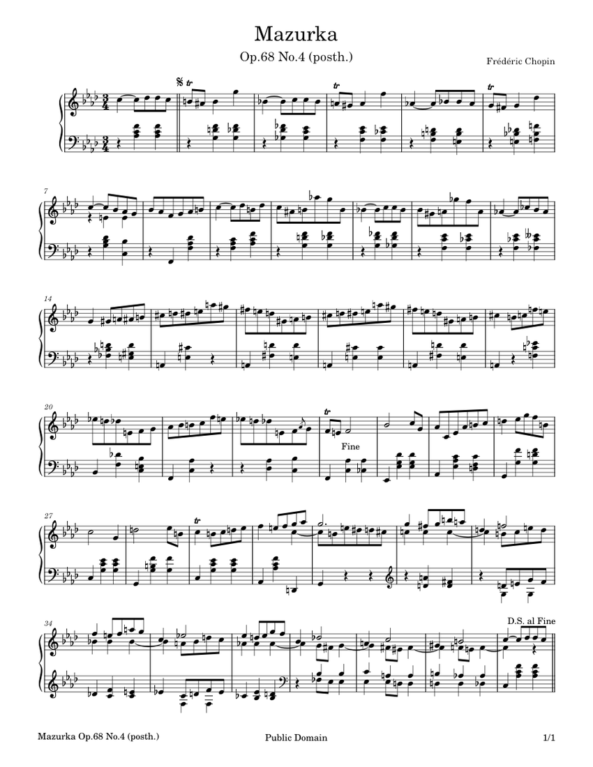 Mazurka op 68 no 4 chopin posth sheet music for piano solo