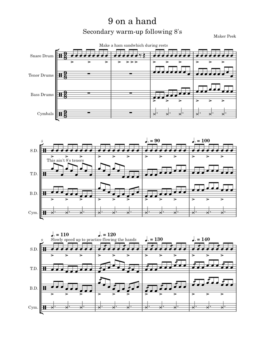9 on a hand Essential Drumline Warm Ups Sheet music for Snare drum