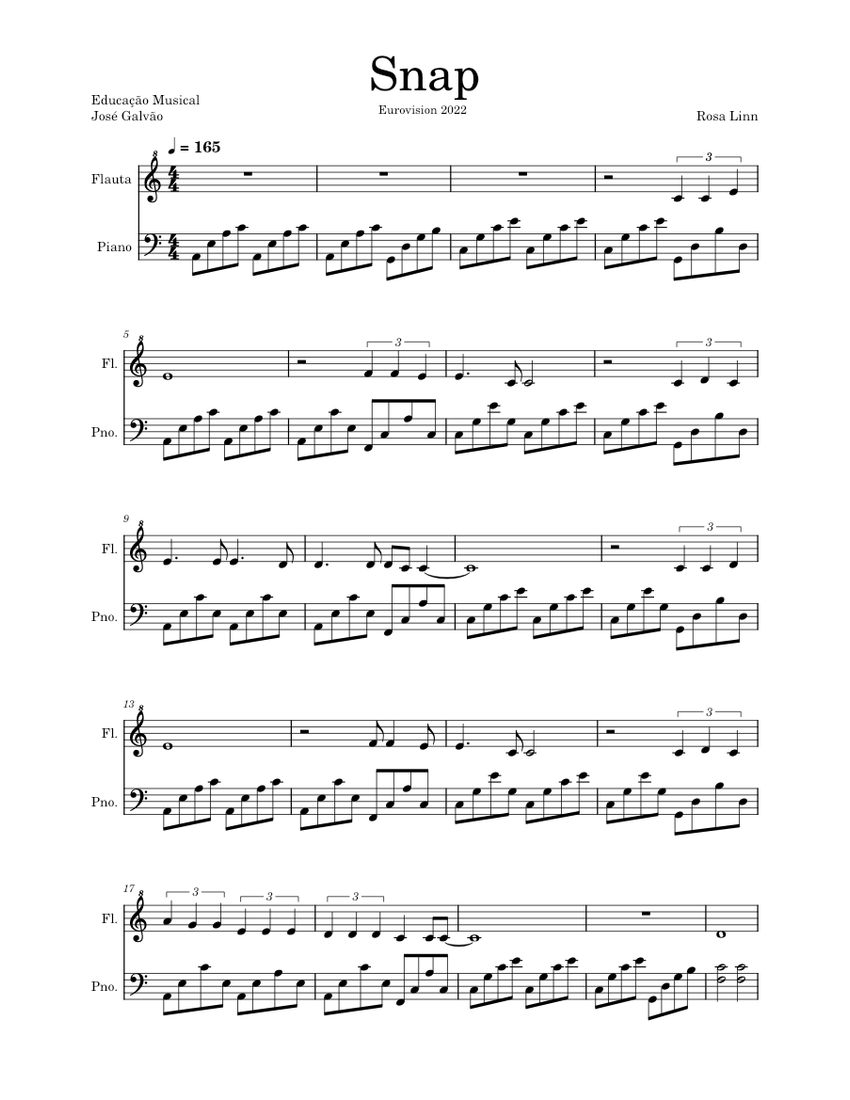 Snap Rosa Linn Partitura Piano e Flauta Educação Musical José