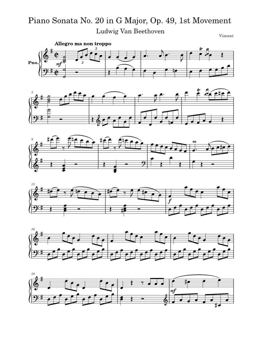 Beethoven - Piano Sonata No. 20 In G Major, Op. 49, 1st Movement Sheet ...