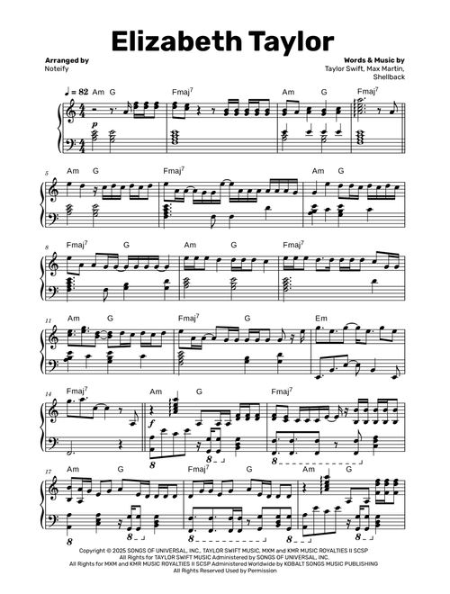 Elizabeth Taylor (Arr. Noteify) - Taylor Swift (Piano Solo)