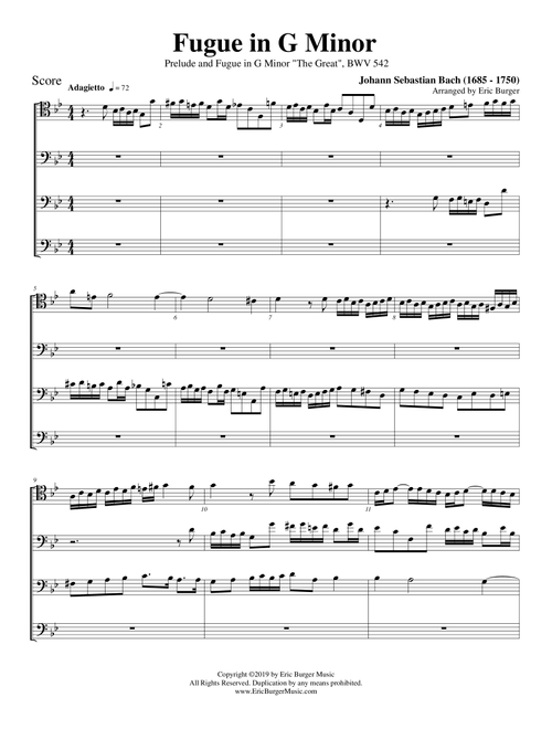 Fugue in G Minor (The Great) for Trombone or Low Brass Quartet (Arr. Eric Burger Music) (Small Ensemble)