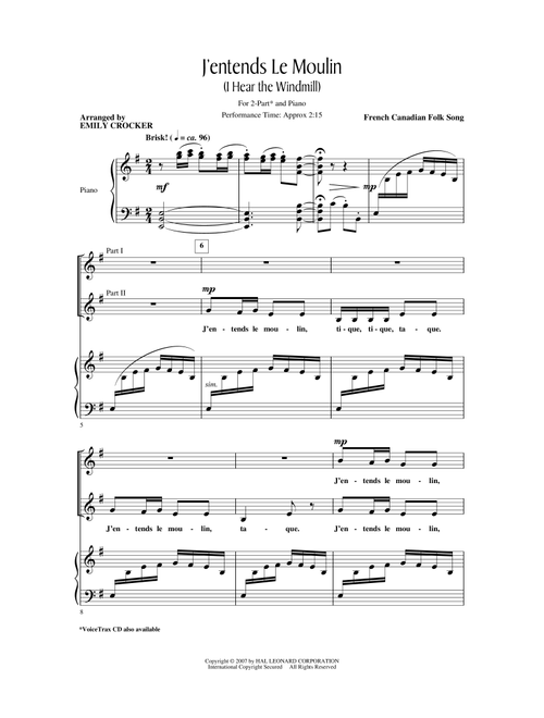 J'entends Le Moulin (I Hear The Wind Mill) (arr. Emily Crocker) - French Canadian Folk Song (Choral, 2-Part)