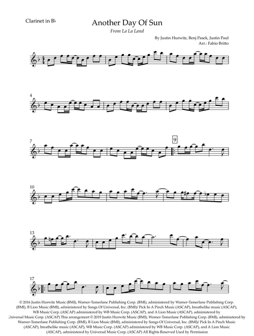 Another Day Of Sun (Arr. Fabio Britto) - Justin Hurwitz, Benj Pasek, Justin Paul (Clarinet Solo)