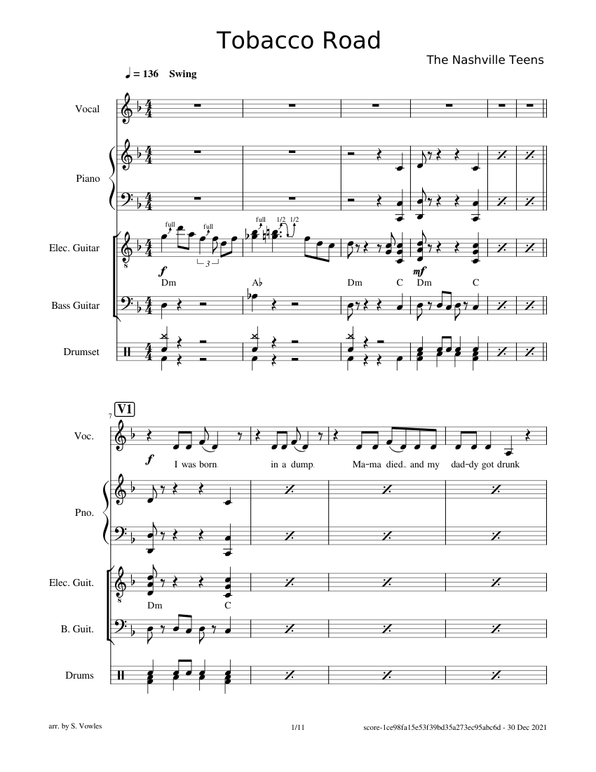 Tobacco Road (Nashville Teens) Sheet Music with Chords for Piano, Vocals,  Guitar, Bass guitar & more instruments (Mixed Ensemble)