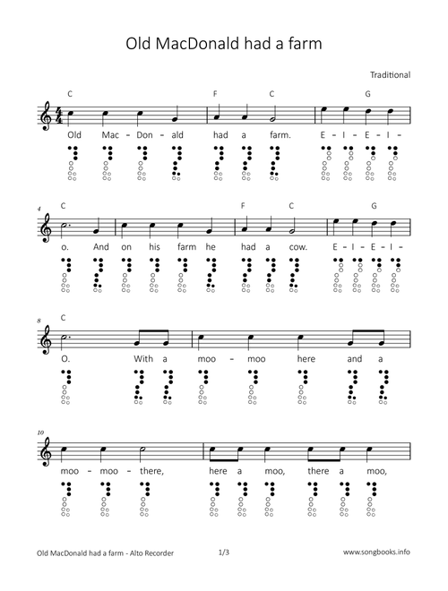 Old MacDonald had a farm (Arr. songbooks.info) - Traditional (Recorder Solo)