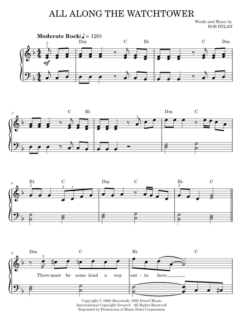 All Along The Watchtower - Bob Dylan, Jimi Hendrix, U2 (Easy Piano)