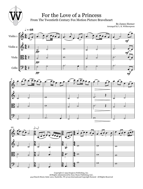 For The Love Of A Princess (Arr. Witherspoon Arrangements) - James Horner (String Quartet)