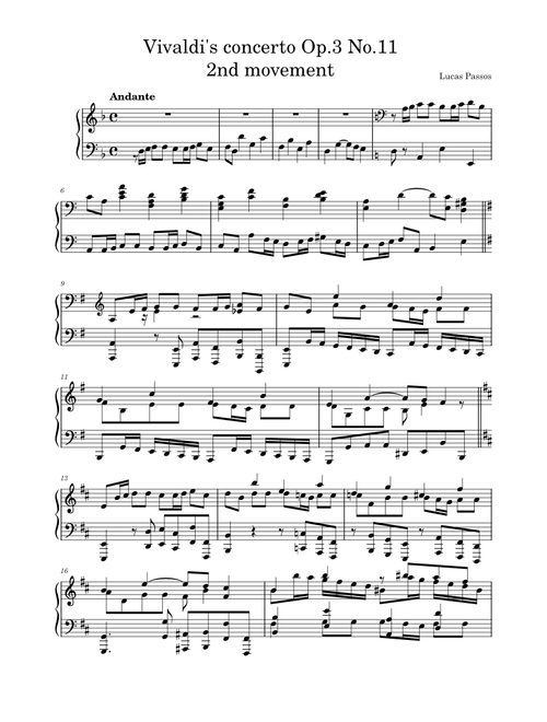 Vivaldi - Concerto Op.3 No.11 2nd movement arrangement for piano