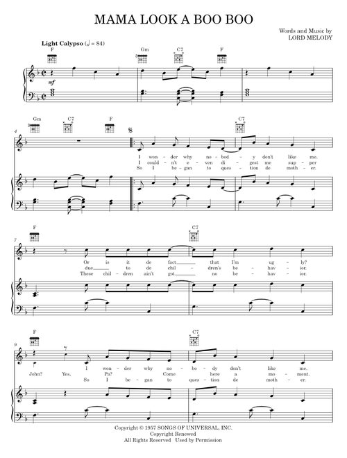 Mama look-a boo-boo - Harry Belafonte (Piano-Vocal-Guitar)