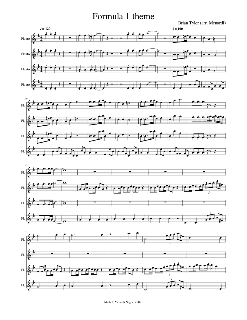 Formula 1 theme brian tyler for flute quartet piano tutorial