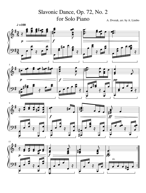 Slavonic Dance, Op. 72, No. 2 for Solo Piano