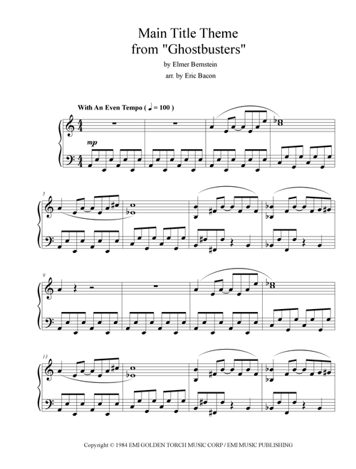 Main Title Theme (ghostbusters) (Arr. Eric Bacon) - Elmer Bernstein (Piano Solo)