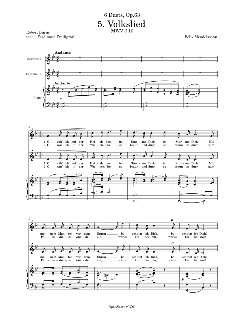 Mendelssohn, Felix – 6 Duets, Op.63, No.5 – Volkslied Sheet Music