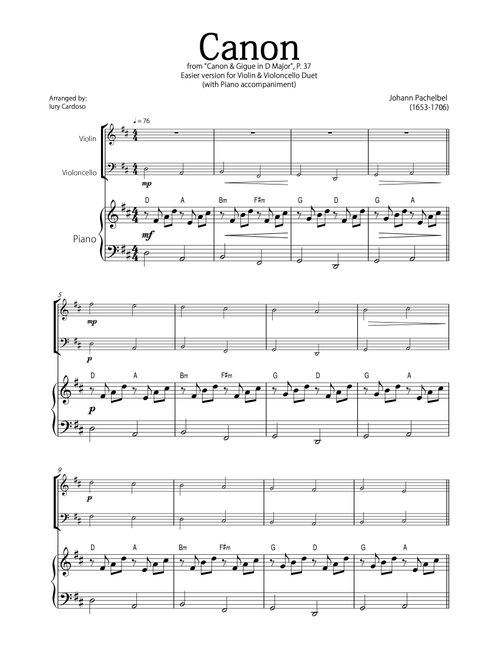 "Canon" by Pachelbel - Beautiful EASY version for VIOLIN & CELLO DUET and PIANO (with chord symbols) (Arr. Iury Cardoso) (Instrumental Duet and Piano)