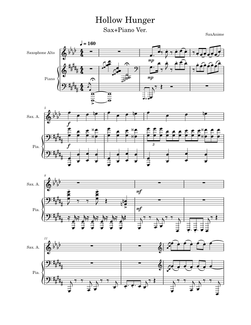 Hollow Hunger Sax/Piano - Overlord OP4 Sheet Music for Piano
