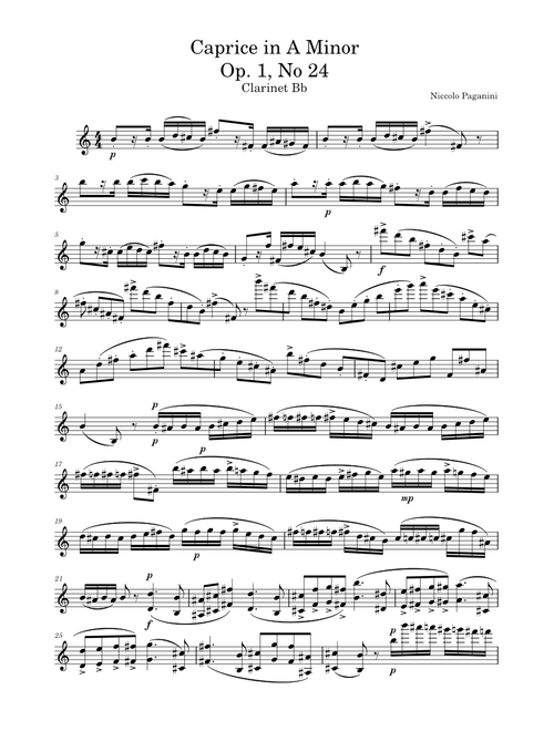 Caprice op.1, No.24, For Clarinet in Bb – Niccolò Paganini