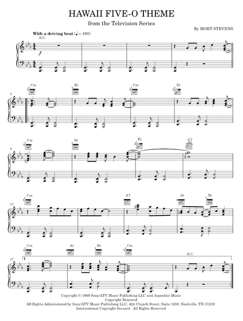 Hawaii Five-O Theme - TV Theme Song, The Ventures (Piano-Vocal-Guitar)