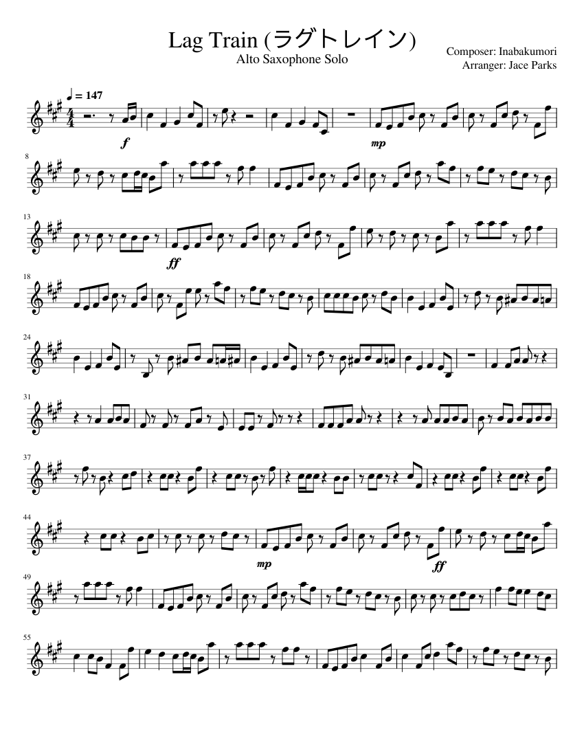Lag Train (ラグトレイン) Alto Saxophone Solo Sheet Music for