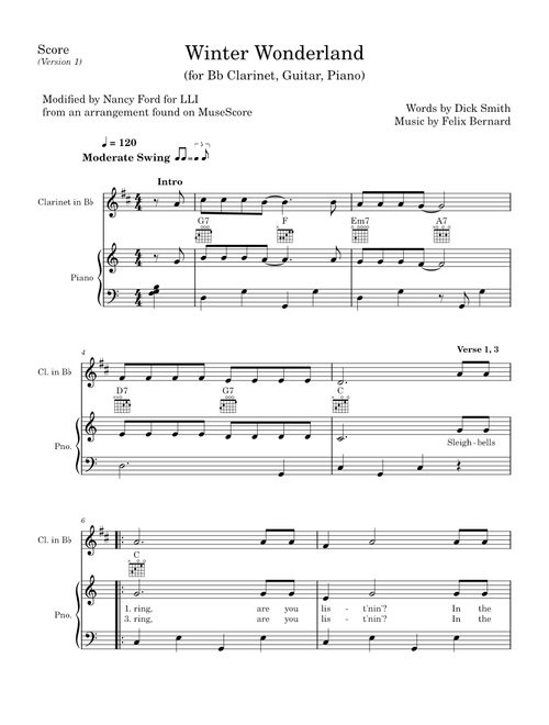 Winter Wonderland (Version 1) – Felix Bernard (for Bb Clarinet, Guitar, Piano)