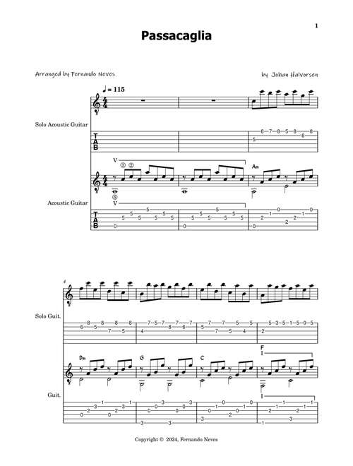 Passacaglia (for 2 acoustic Guitars) (Arr. FERNANDO LUIZ NEVES) - Johan Halvorsen (Guitar Tab)