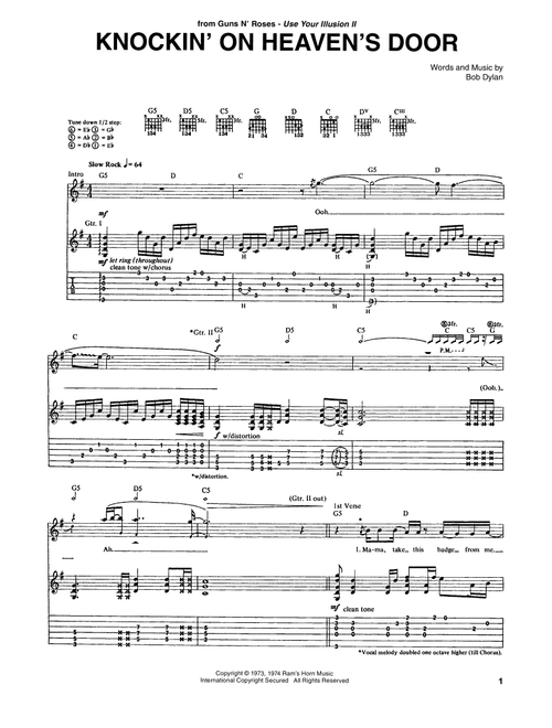 Knockin' On Heaven's Door - Guns N' Roses, Bob Dylan, Eric Clapton (Guitar Tab)