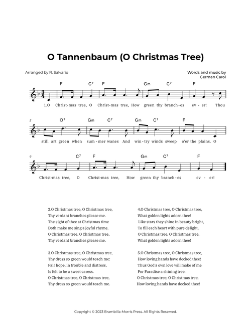 O Tannenbaum (O Christmas Tree) - Key of F Major (Arr. R. Salvario) - German Carol (Lead Sheet - Fake Book)